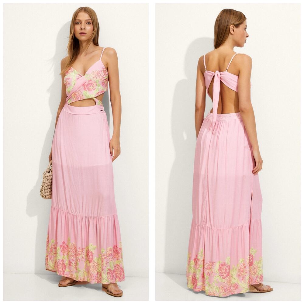 Maaji Chintz Floral Lisse Long Maxi Dress Size Large Wrap Front Tie Back Vacay